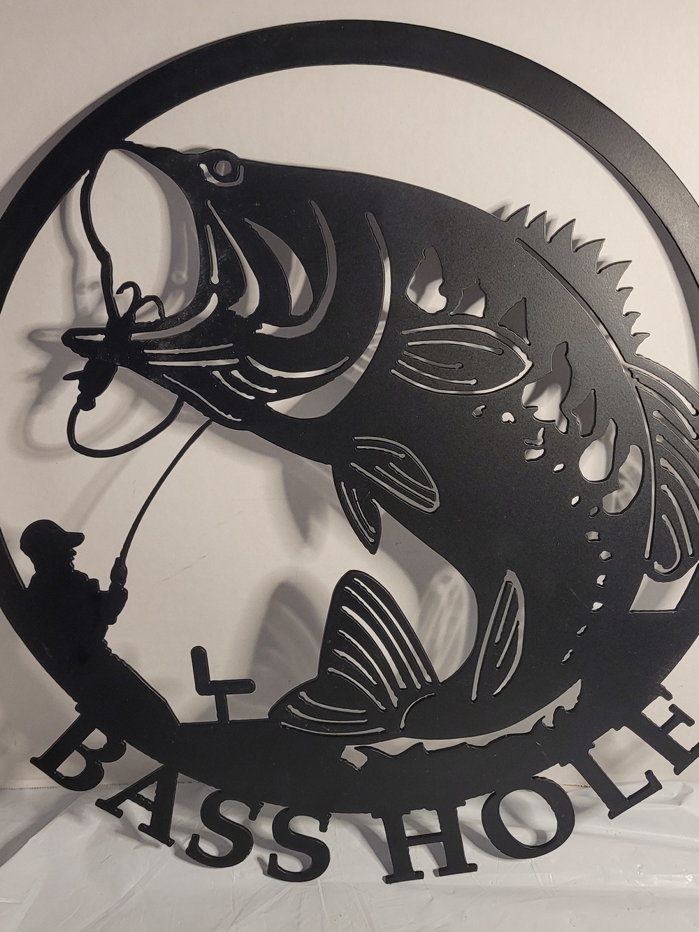 Bass Hole Black Metal Wall Art - Fishing Decor (S)